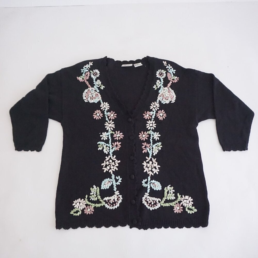 Vintage Kathie Lee Black Floral Embroidered Cardigan Flowers Grandmacore 20W
